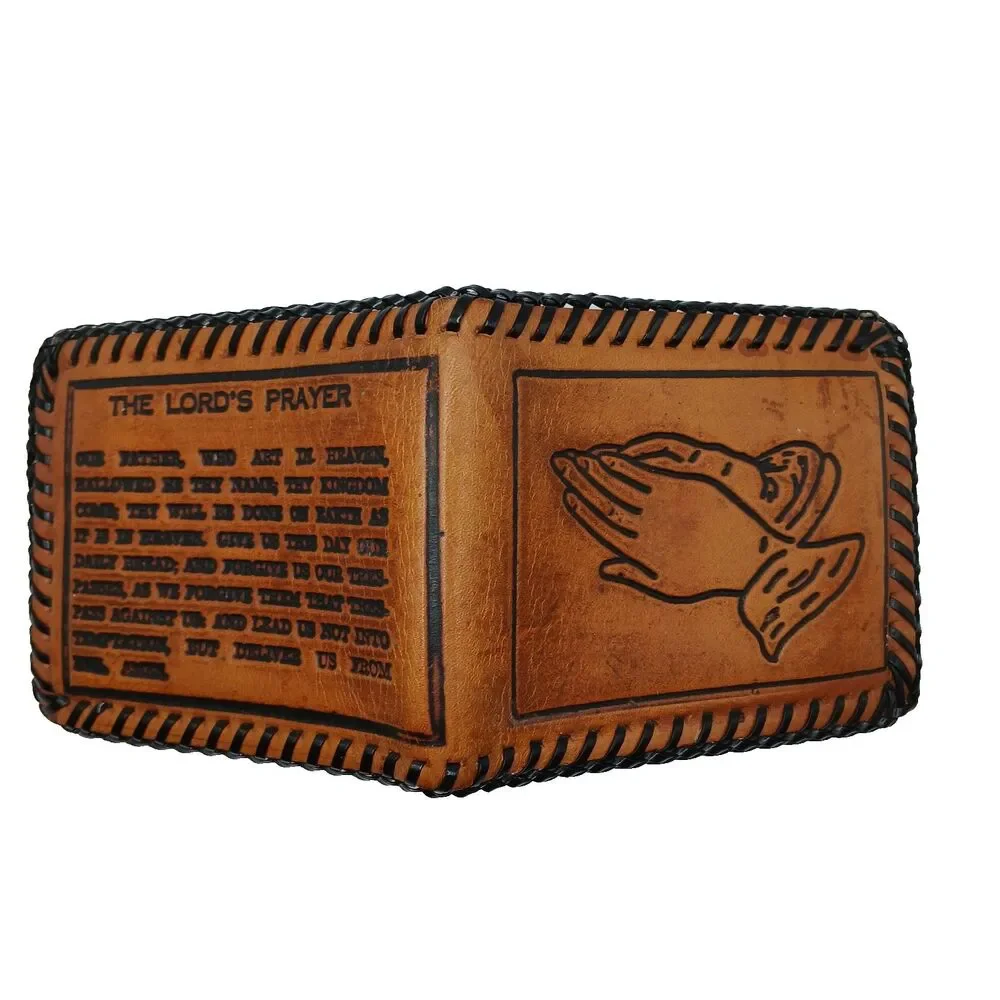 Tooled Leather Bi-Fold Wallet The Lord's Prayer & Praying Hands Laced Western